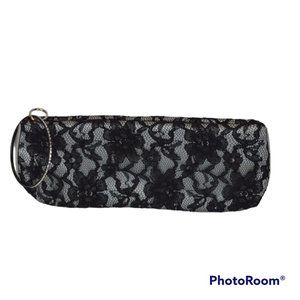 La Rue Black Floral Lace Over Silver Satin Sparkling Bangle Zip Wristlet/Clutch